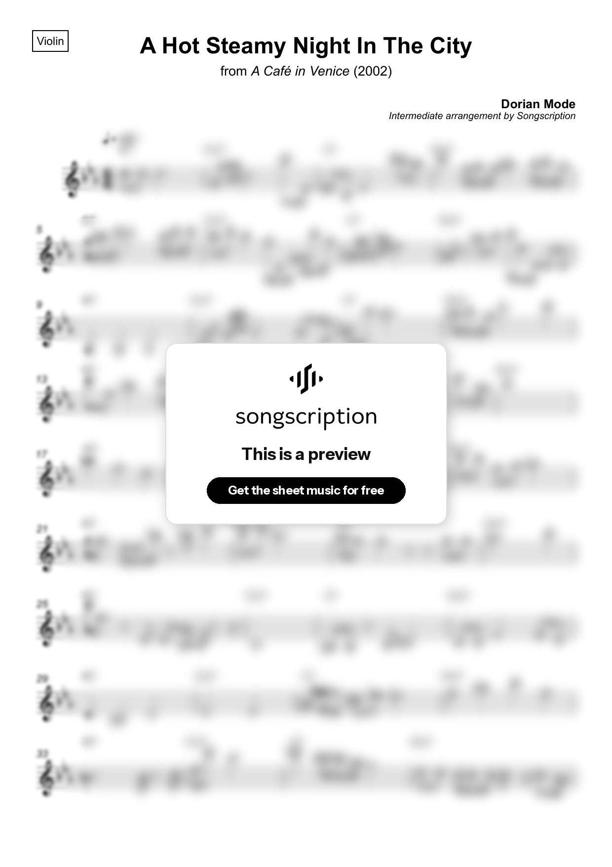 Intermediate Violin Sheet Music for "A Hot Steamy Night In The City" by Dorian Mode
