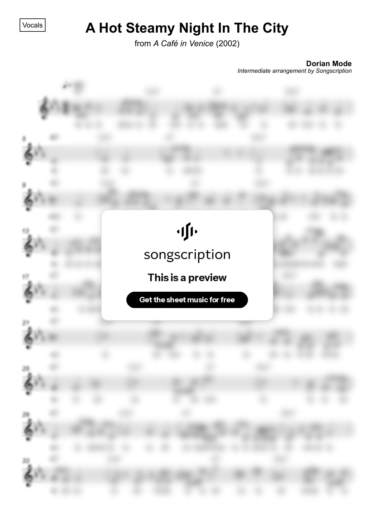 Intermediate Vocals Sheet Music for "A Hot Steamy Night In The City" by Dorian Mode