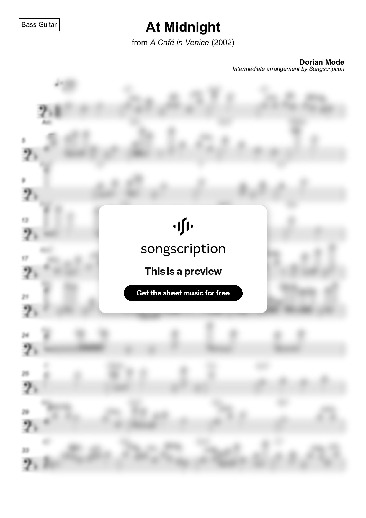 Intermediate Bass Guitar Sheet Music for "At Midnight" by Dorian Mode