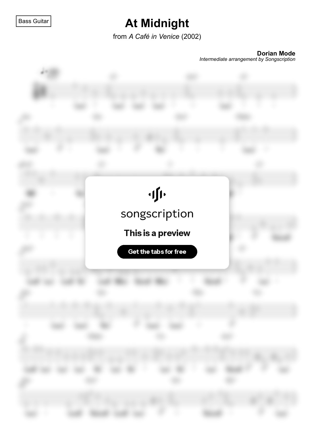 Intermediate Bass Guitar Tabs for "At Midnight" by Dorian Mode