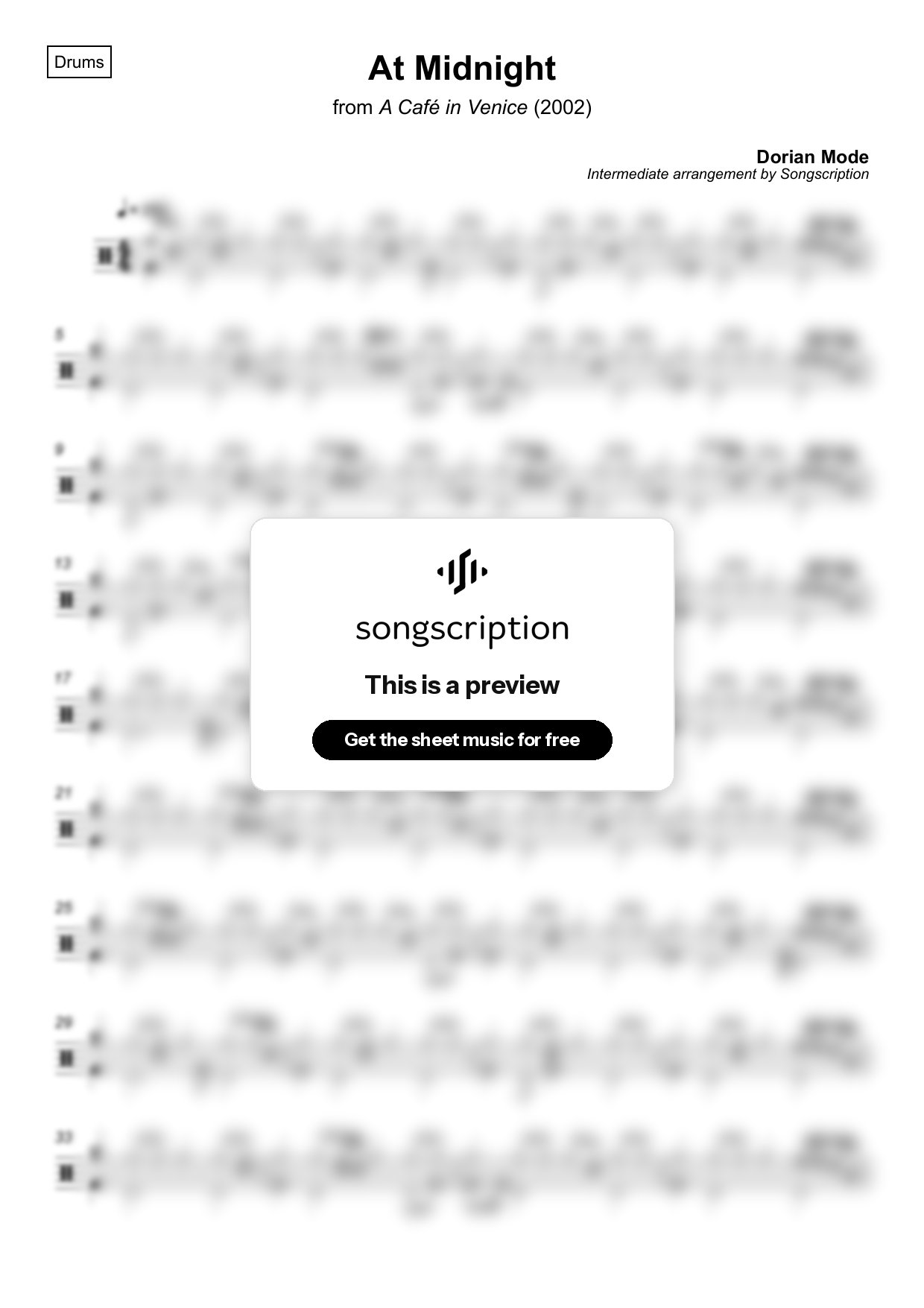 Intermediate Drums Sheet Music for "At Midnight" by Dorian Mode