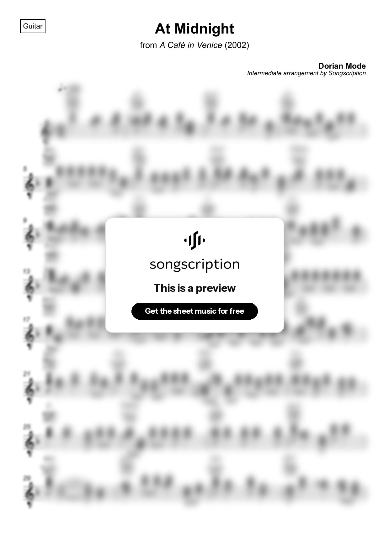 Intermediate Acoustic Guitar Sheet Music for "At Midnight" by Dorian Mode