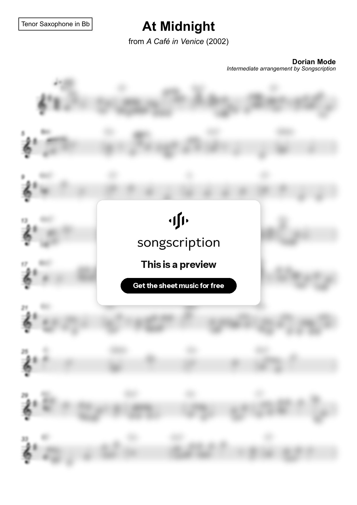 Intermediate Tenor Sax Sheet Music for "At Midnight" by Dorian Mode