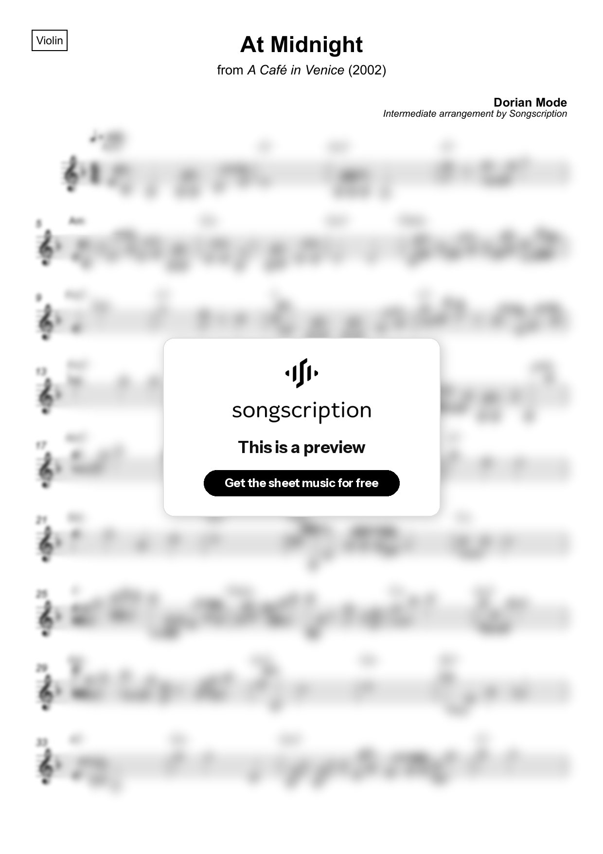 Intermediate Violin Sheet Music for "At Midnight" by Dorian Mode