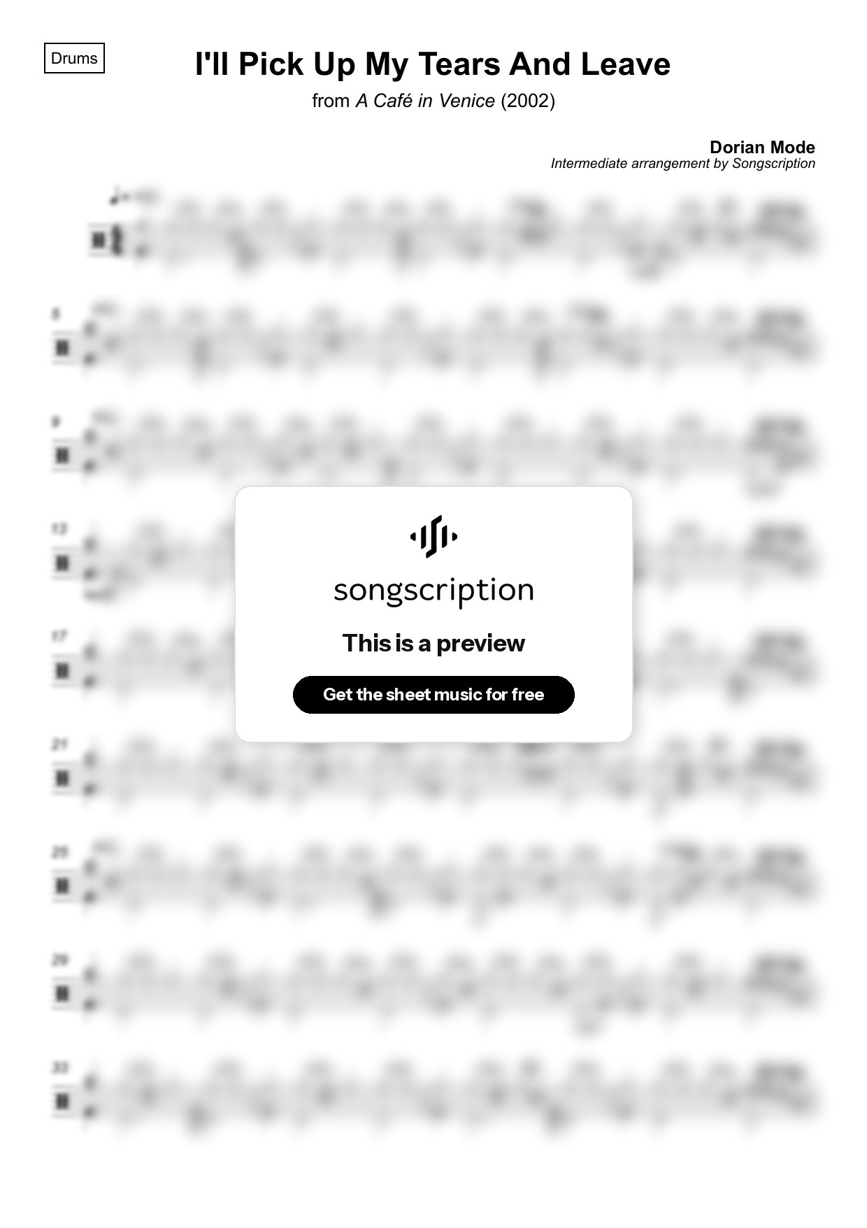 Intermediate Drums Sheet Music for "I'll Pick Up My Tears And Leave" by Dorian Mode