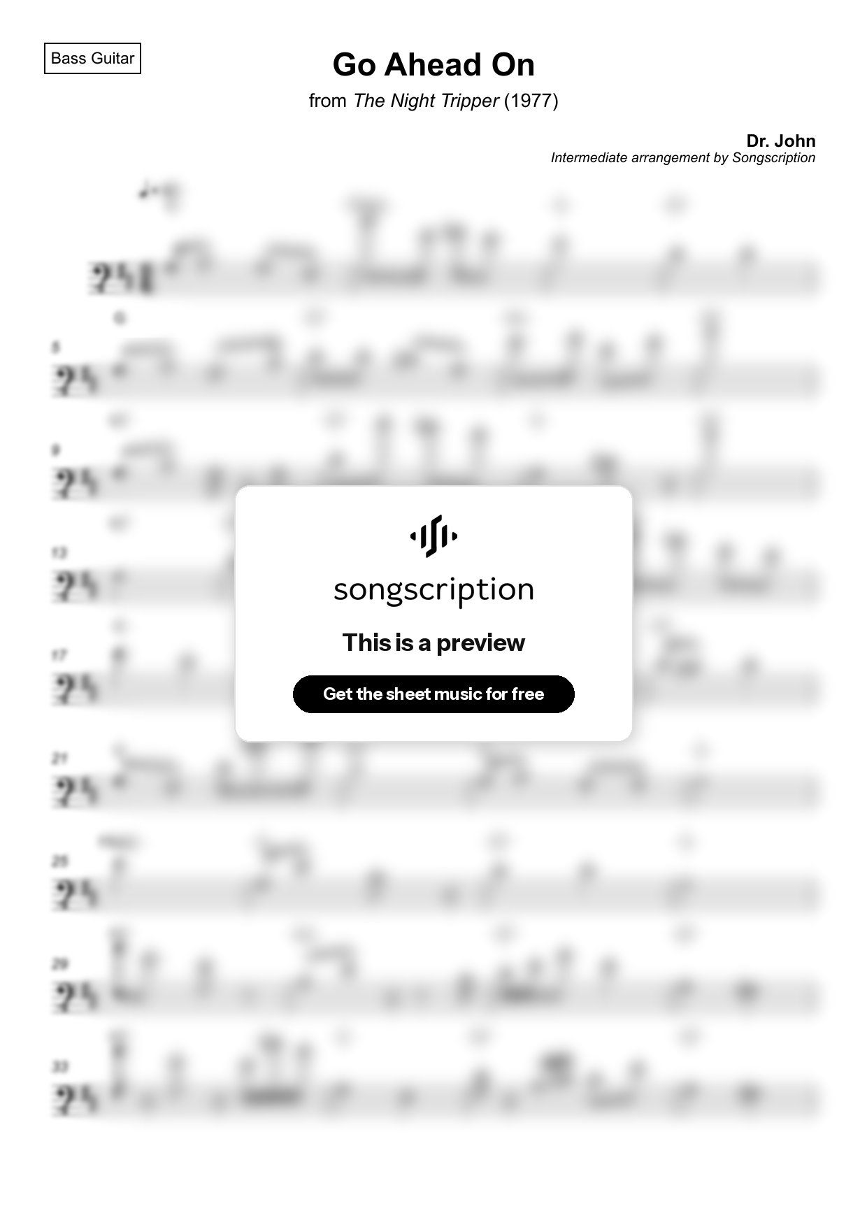 Intermediate Bass Guitar Sheet Music for "Go Ahead On" by Dr. John