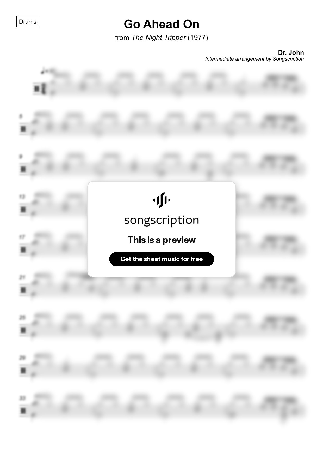 Intermediate Drums Sheet Music for "Go Ahead On" by Dr. John