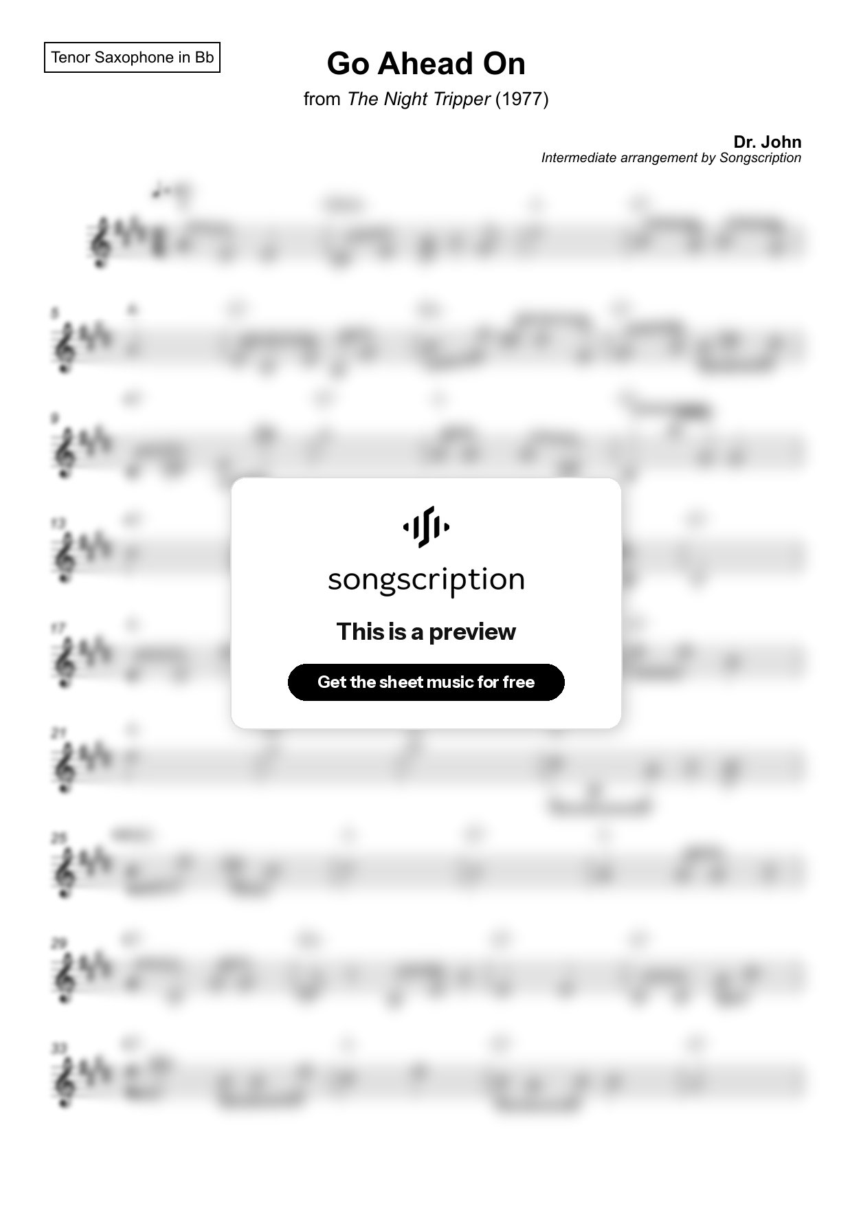 Intermediate Tenor Sax Sheet Music for "Go Ahead On" by Dr. John