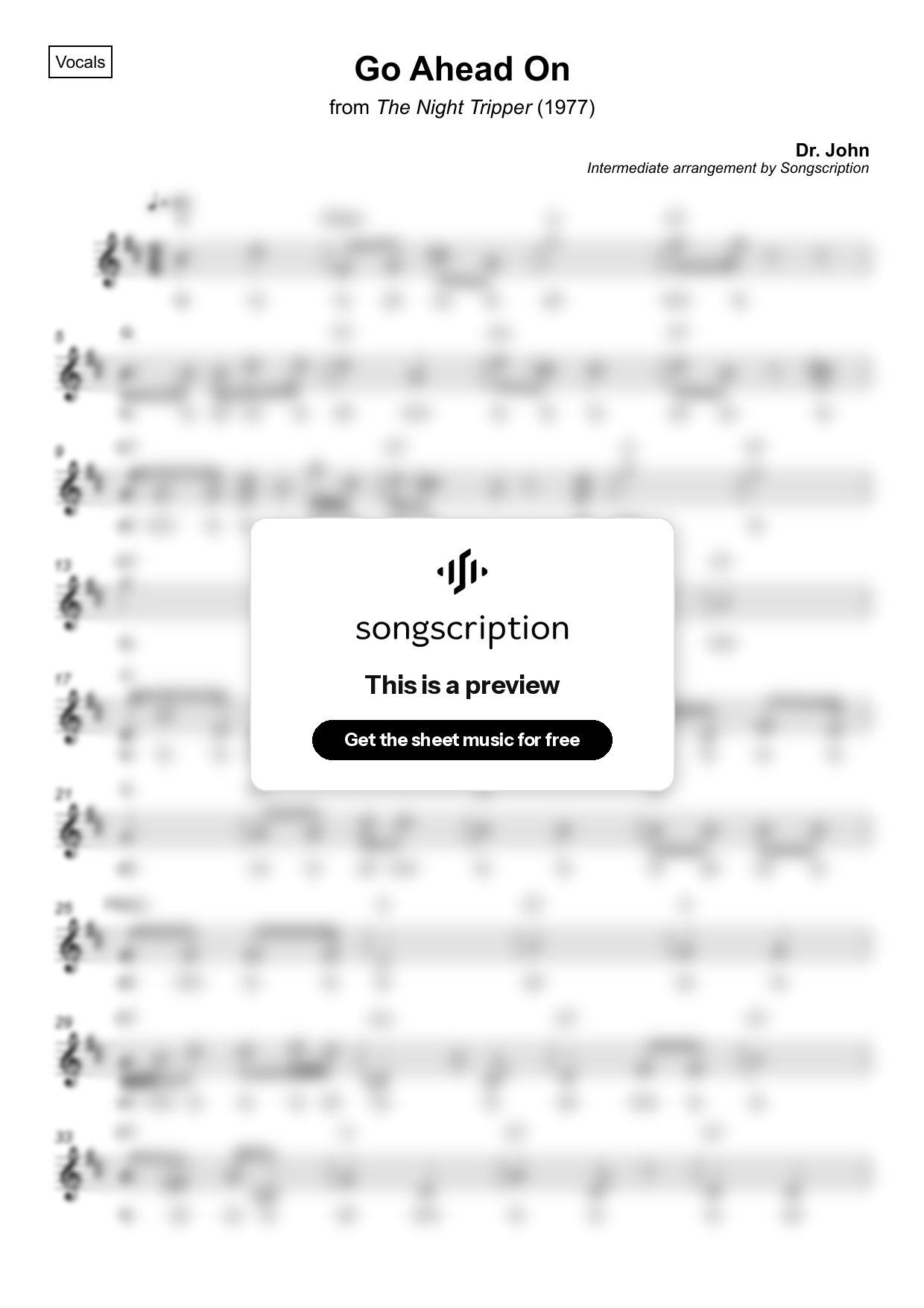 Intermediate Vocals Sheet Music for "Go Ahead On" by Dr. John