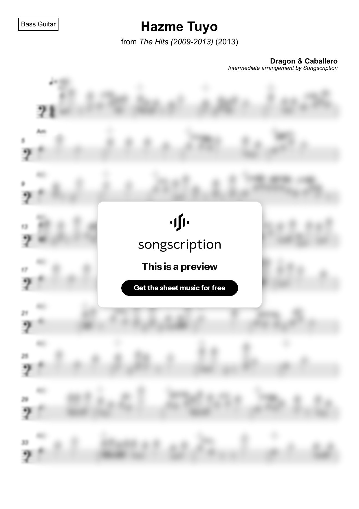 Intermediate Bass Guitar Sheet Music for "Hazme Tuyo" by Dragon & Caballero