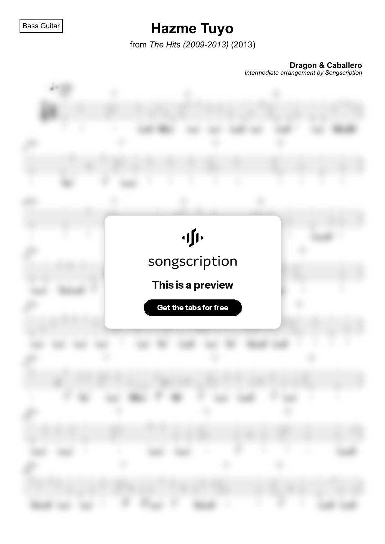 Intermediate Bass Guitar Tabs for "Hazme Tuyo" by Dragon & Caballero
