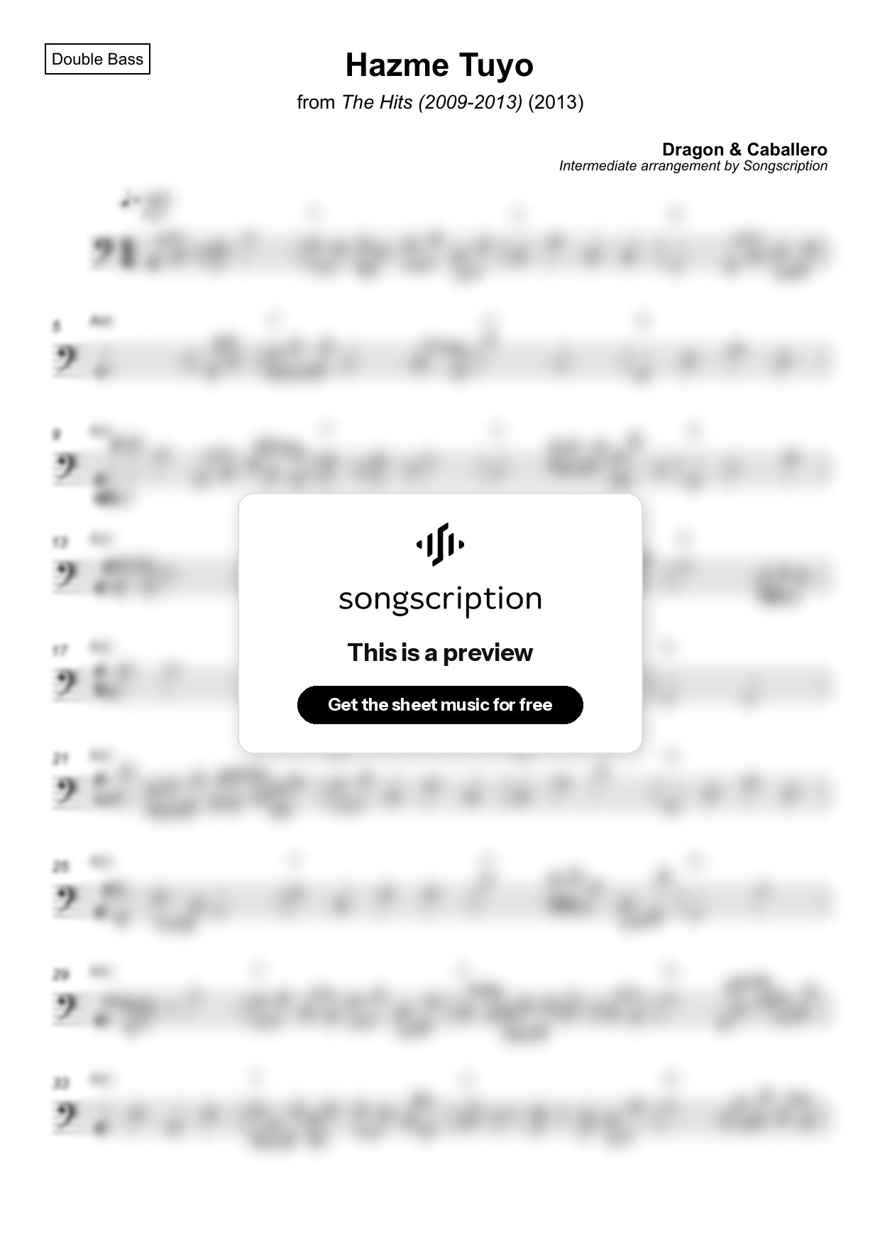 Intermediate Double Bass Sheet Music for "Hazme Tuyo" by Dragon & Caballero