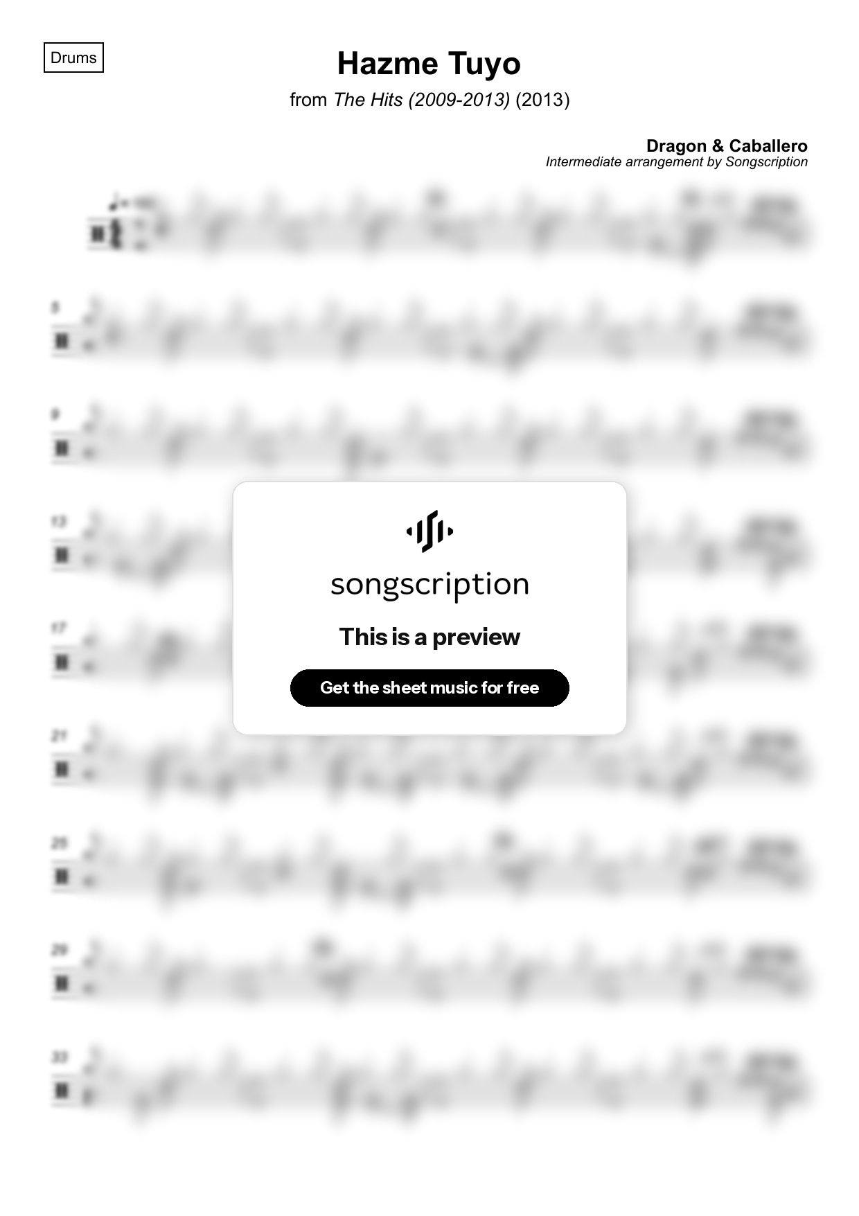 Intermediate Drums Sheet Music for "Hazme Tuyo" by Dragon & Caballero
