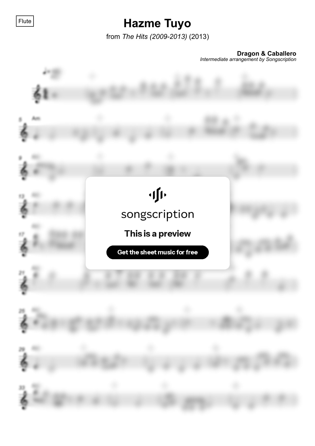 Intermediate Flute Sheet Music for "Hazme Tuyo" by Dragon & Caballero