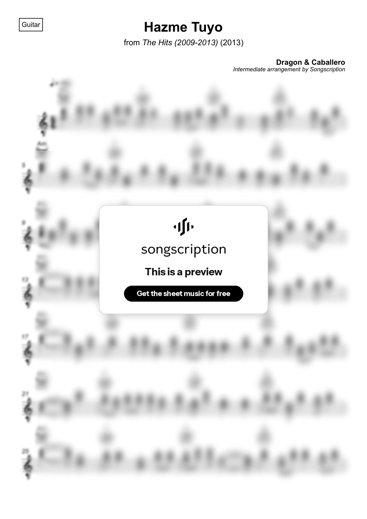Intermediate Acoustic Guitar Sheet Music for "Hazme Tuyo" by Dragon & Caballero