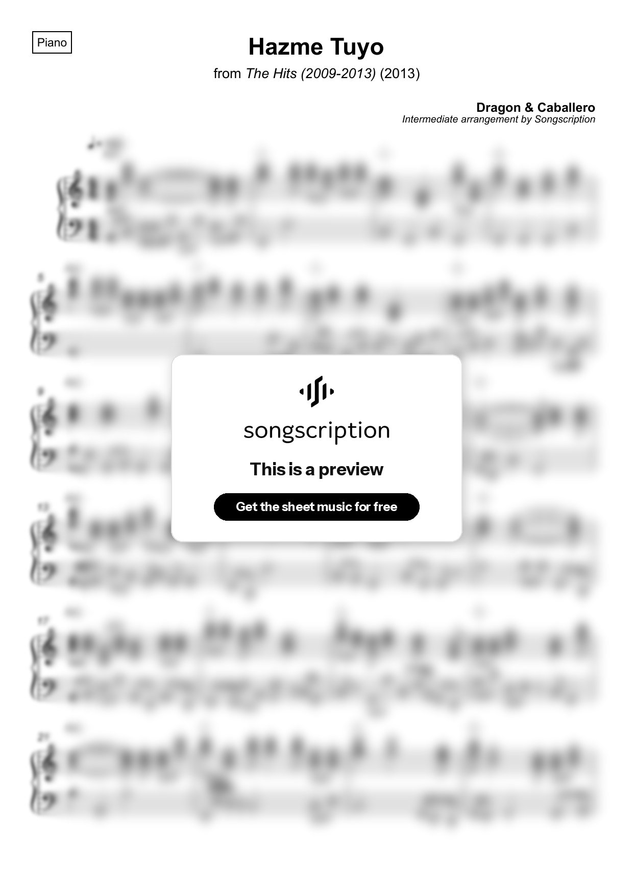 Intermediate Piano Sheet Music for "Hazme Tuyo" by Dragon & Caballero