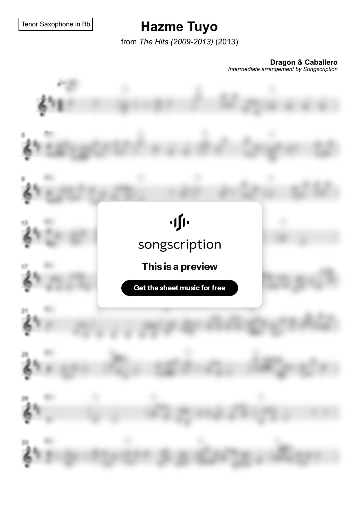 Intermediate Tenor Sax Sheet Music for "Hazme Tuyo" by Dragon & Caballero