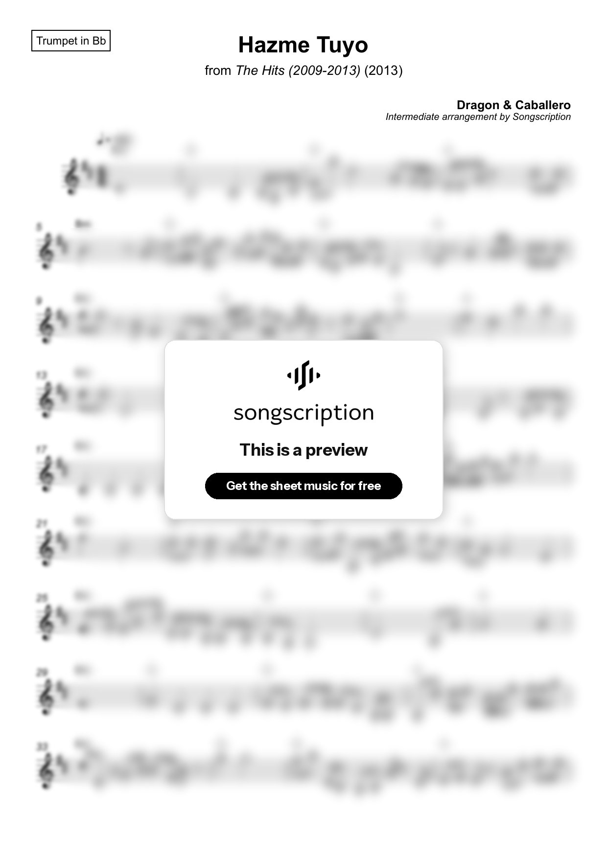 Intermediate Trumpet Sheet Music for "Hazme Tuyo" by Dragon & Caballero