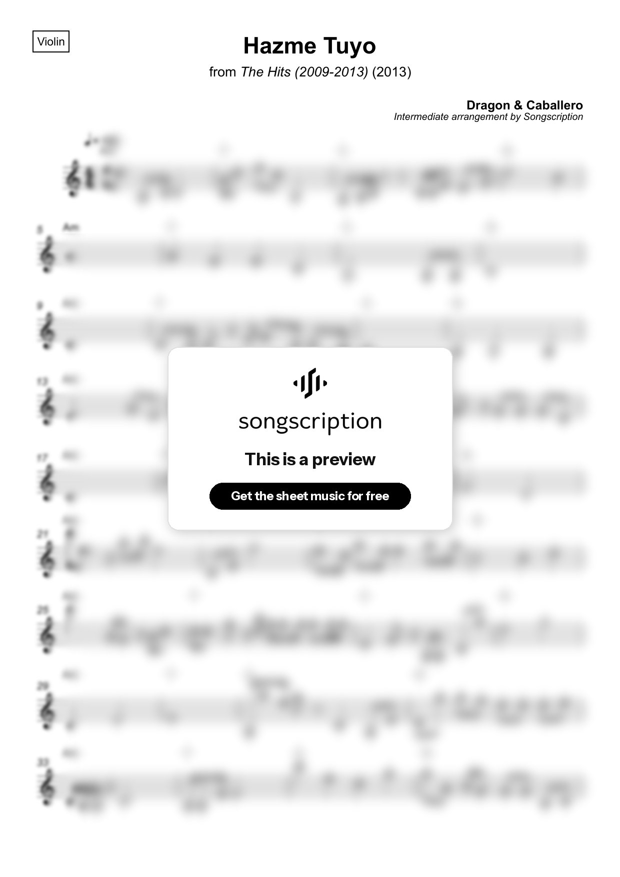 Intermediate Violin Sheet Music for "Hazme Tuyo" by Dragon & Caballero