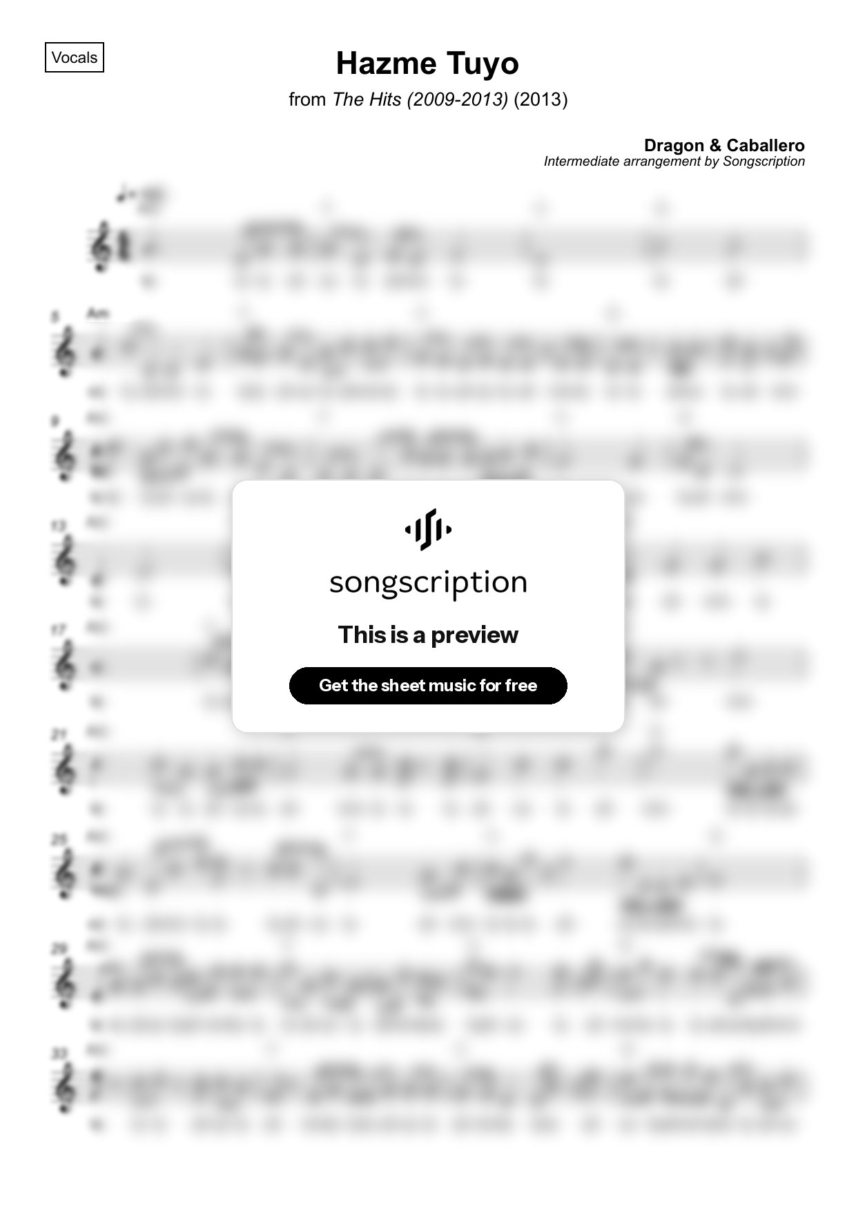Intermediate Vocals Sheet Music for "Hazme Tuyo" by Dragon & Caballero