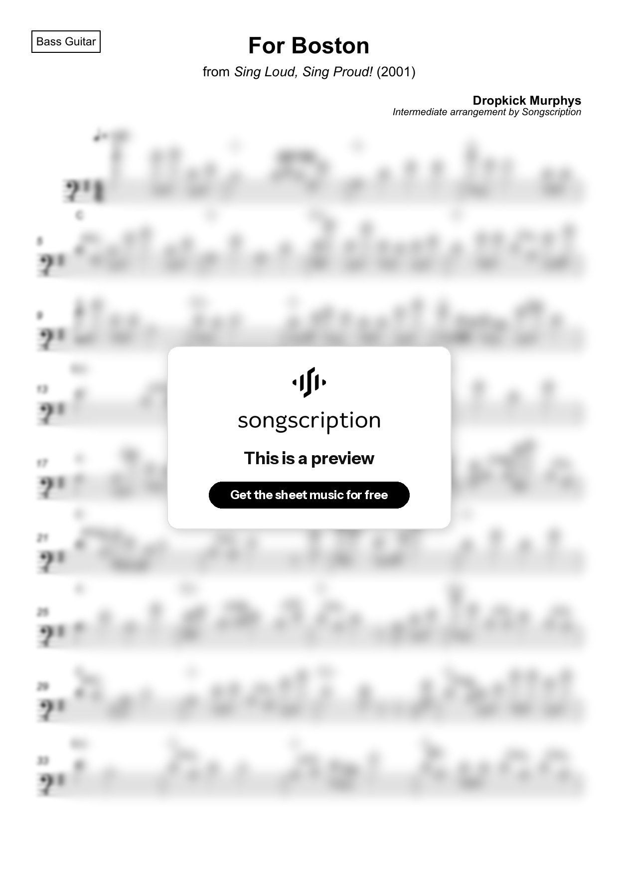 Intermediate Bass Guitar Sheet Music for "For Boston" by Dropkick Murphys