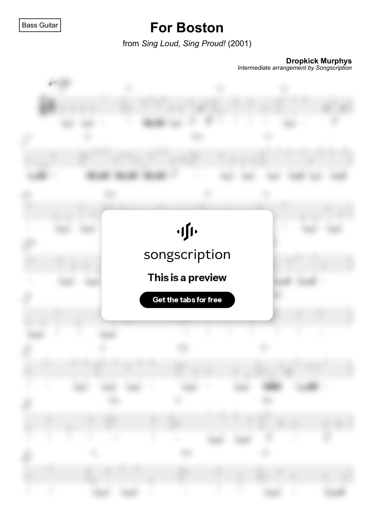 Intermediate Bass Guitar Tabs for "For Boston" by Dropkick Murphys