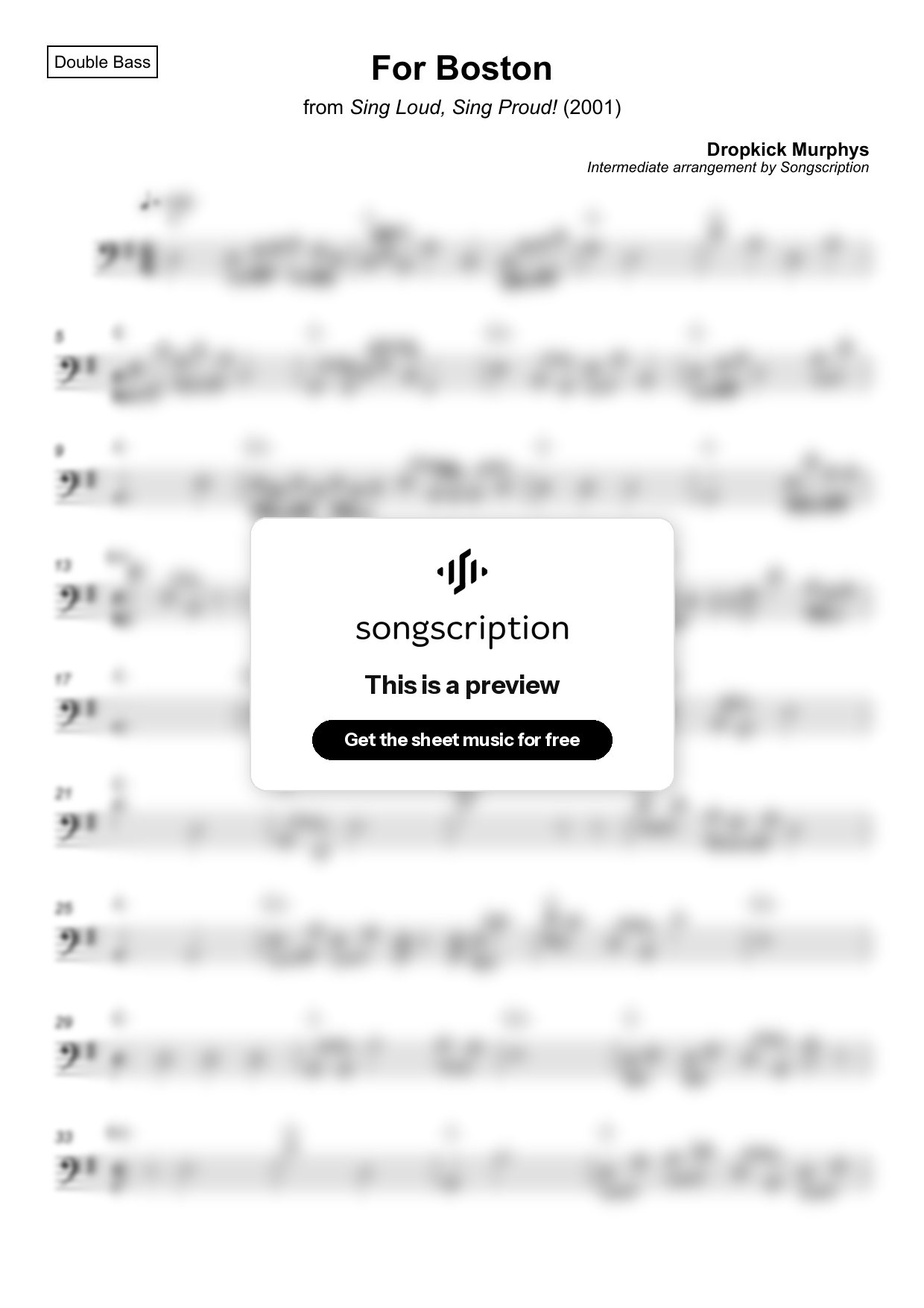 Intermediate Double Bass Sheet Music for "For Boston" by Dropkick Murphys