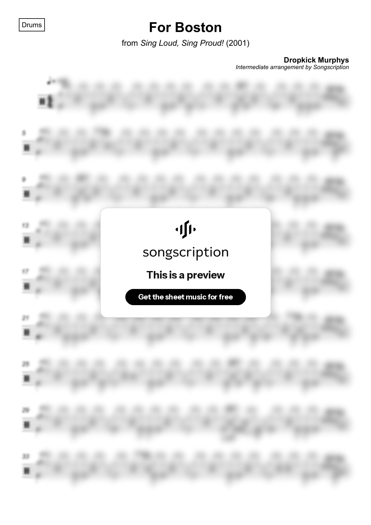 Intermediate Drums Sheet Music for "For Boston" by Dropkick Murphys
