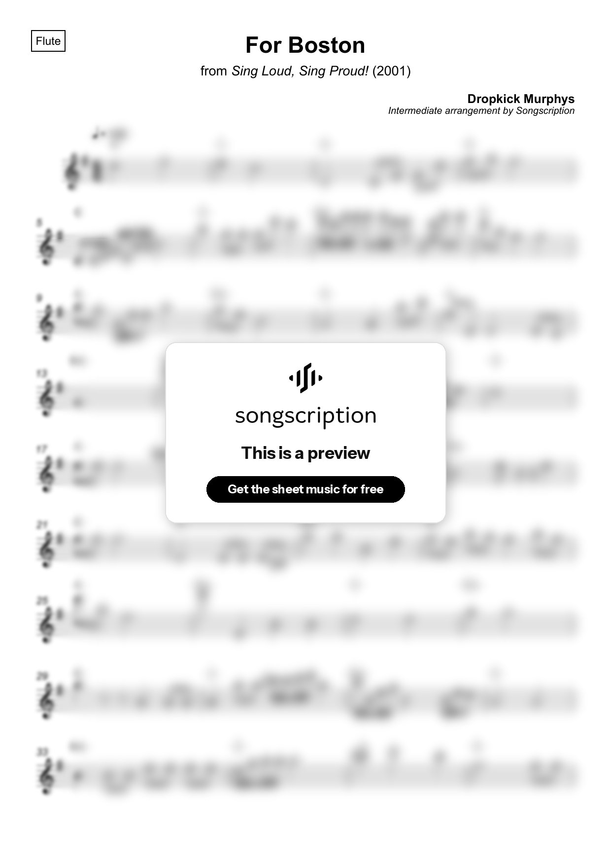 Intermediate Flute Sheet Music for "For Boston" by Dropkick Murphys