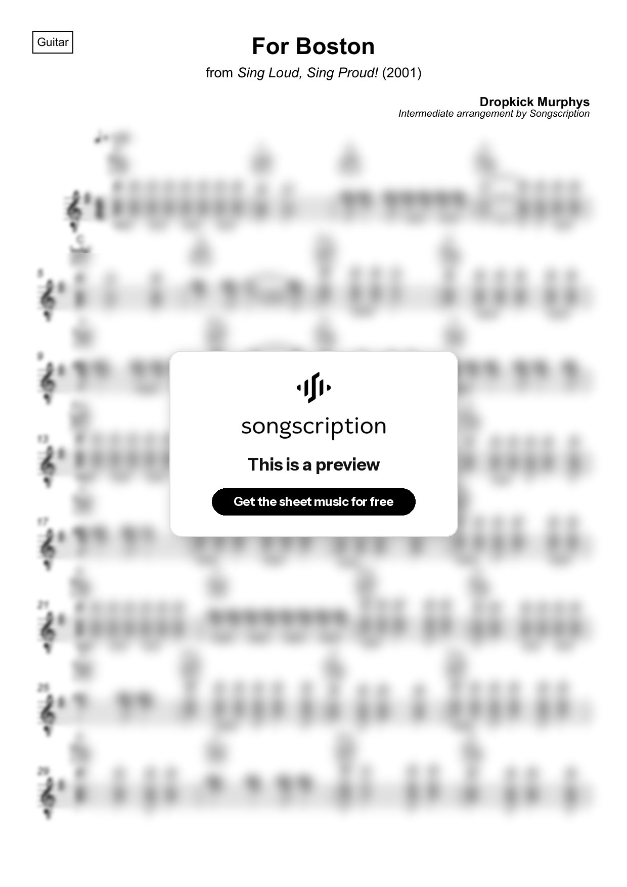 Intermediate Acoustic Guitar Sheet Music for "For Boston" by Dropkick Murphys