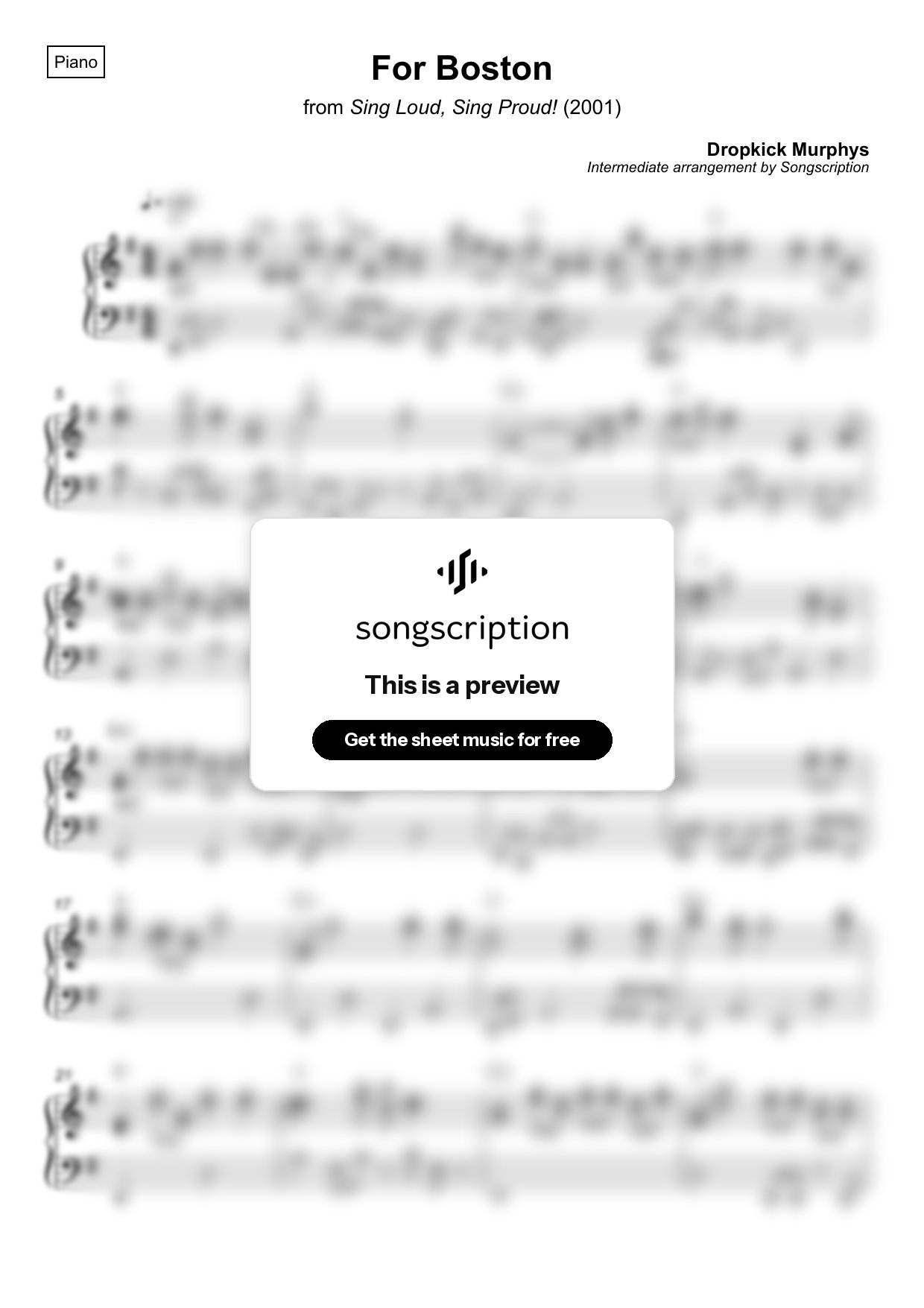 Intermediate Piano Sheet Music for "For Boston" by Dropkick Murphys