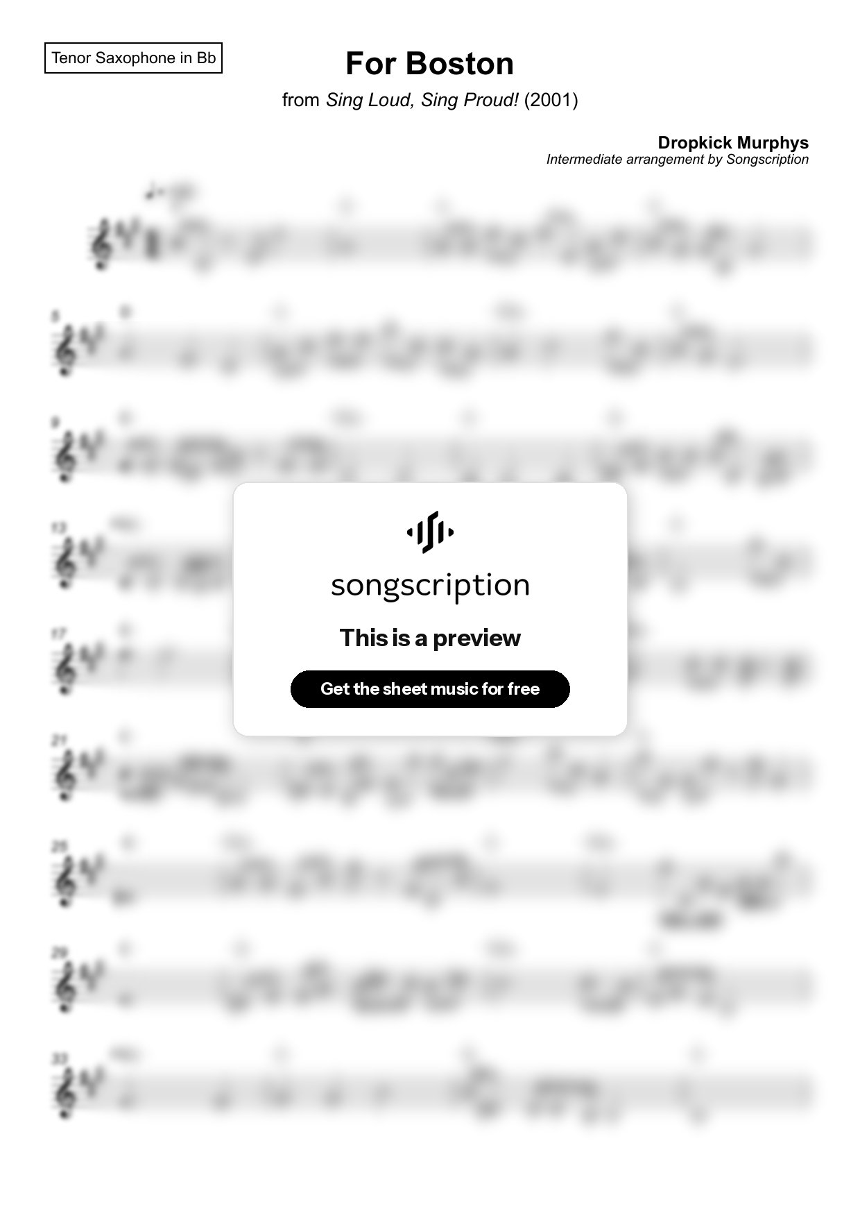 Intermediate Tenor Sax Sheet Music for "For Boston" by Dropkick Murphys