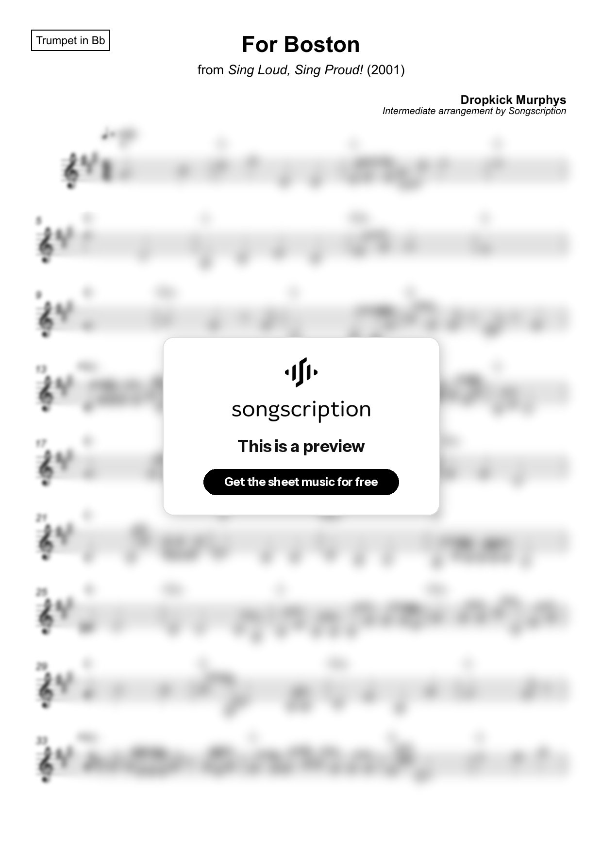 Intermediate Trumpet Sheet Music for "For Boston" by Dropkick Murphys