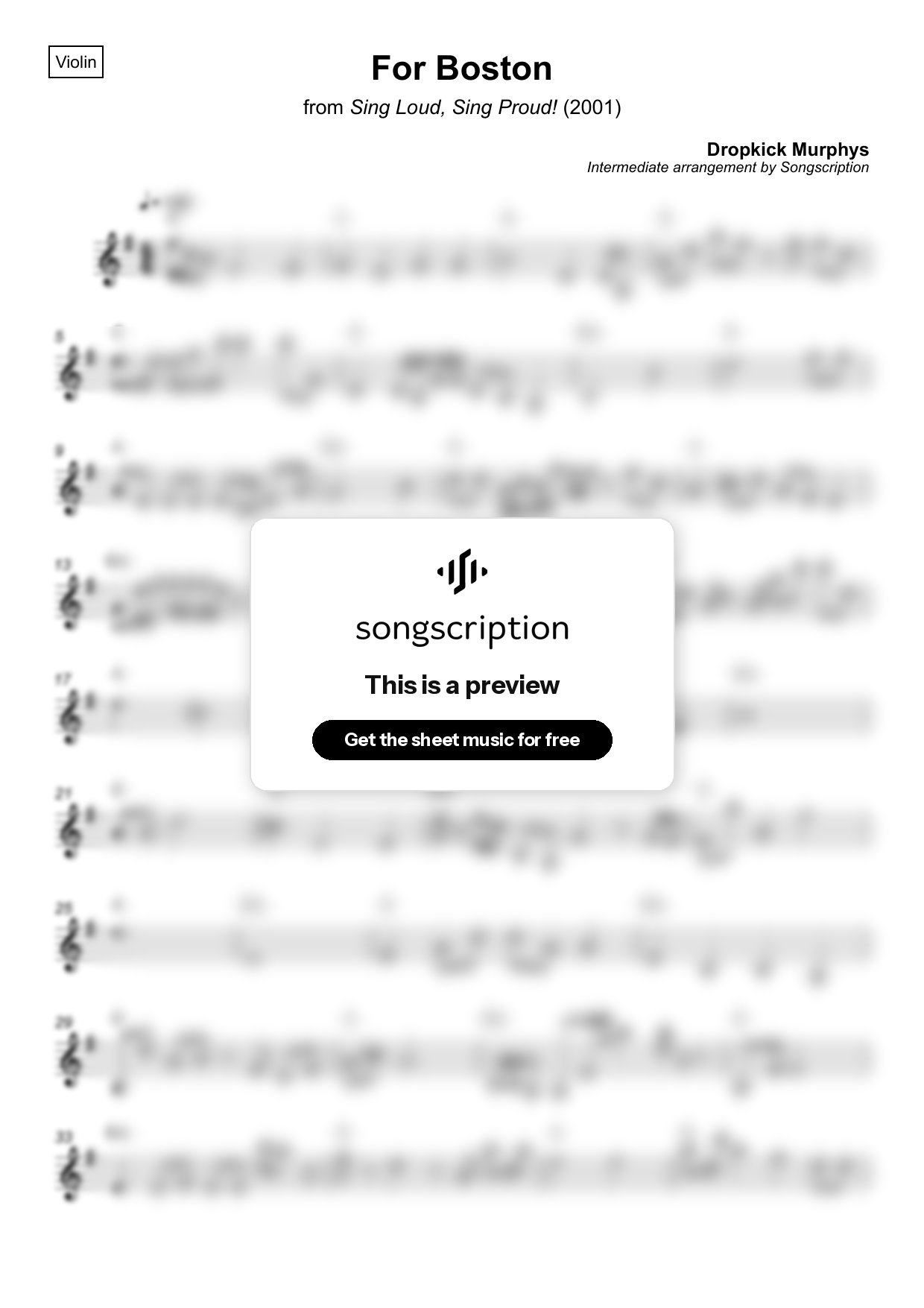 Intermediate Violin Sheet Music for "For Boston" by Dropkick Murphys
