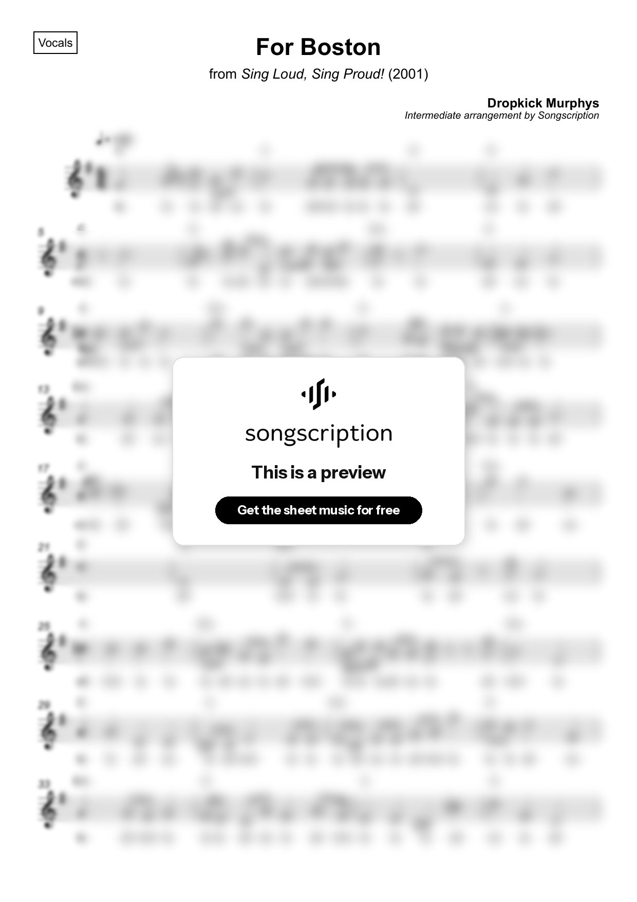Intermediate Vocals Sheet Music for "For Boston" by Dropkick Murphys