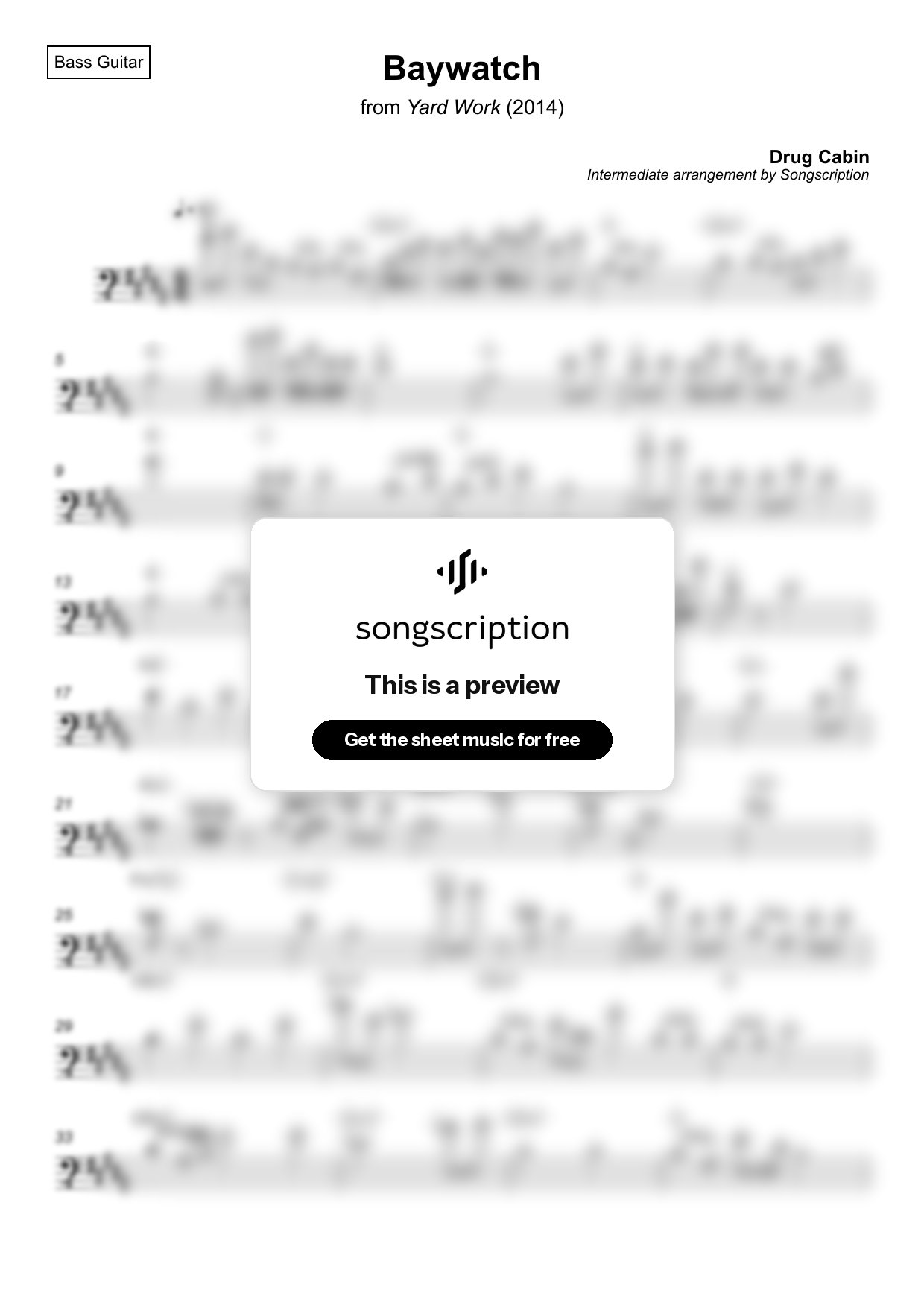 Intermediate Bass Guitar Sheet Music for "Baywatch" by Drug Cabin