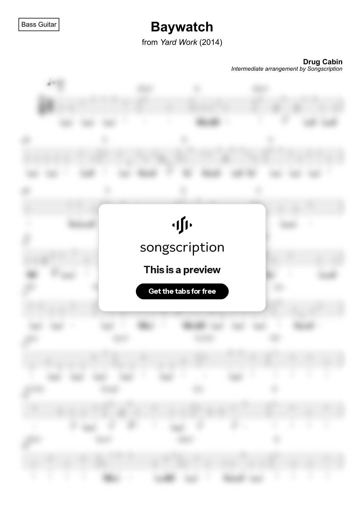 Intermediate Bass Guitar Tabs for "Baywatch" by Drug Cabin