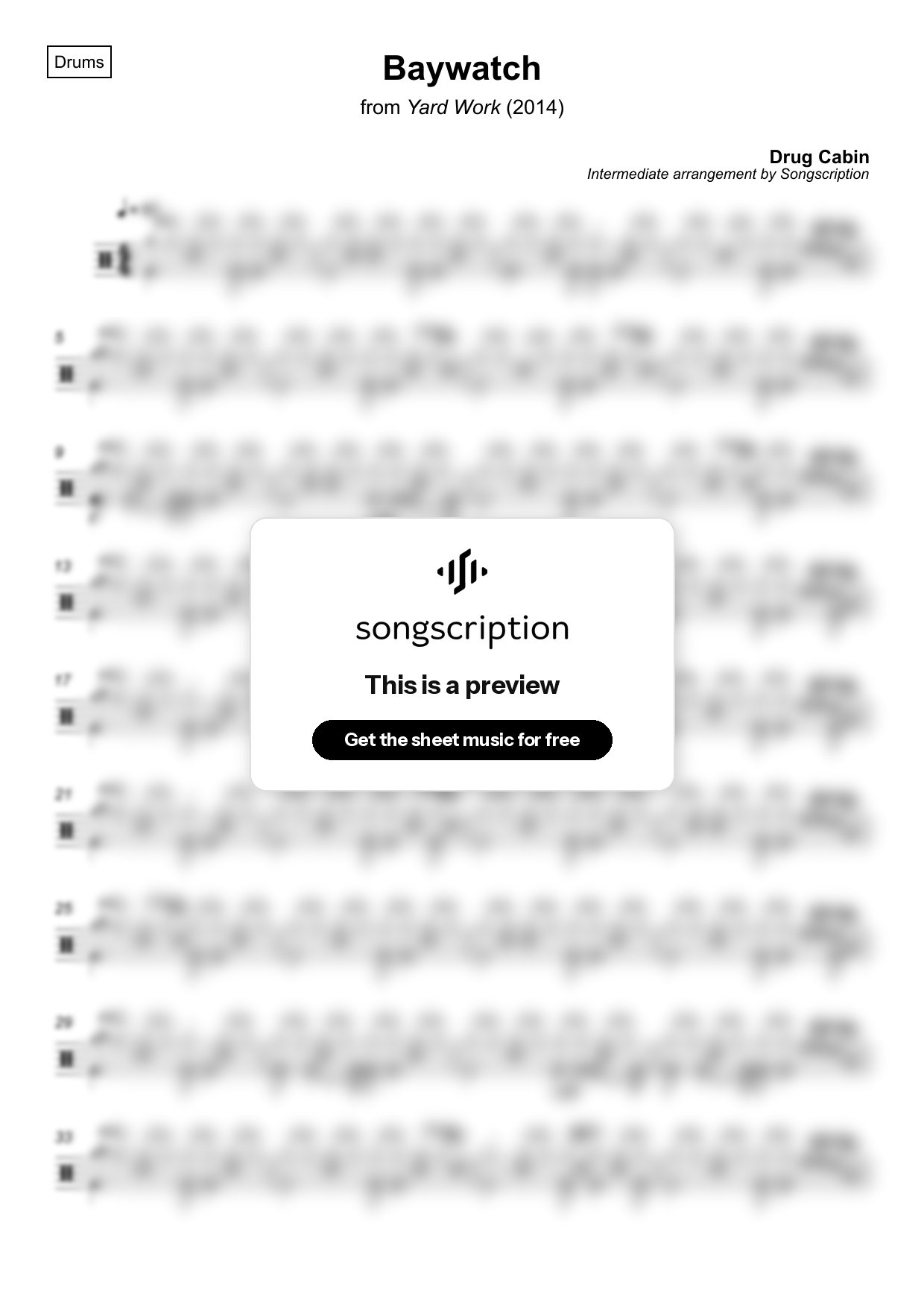 Intermediate Drums Sheet Music for "Baywatch" by Drug Cabin