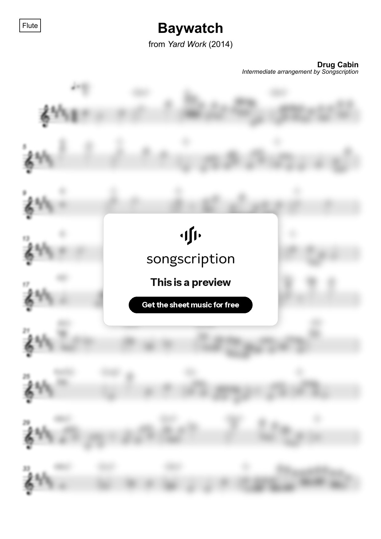 Intermediate Flute Sheet Music for "Baywatch" by Drug Cabin