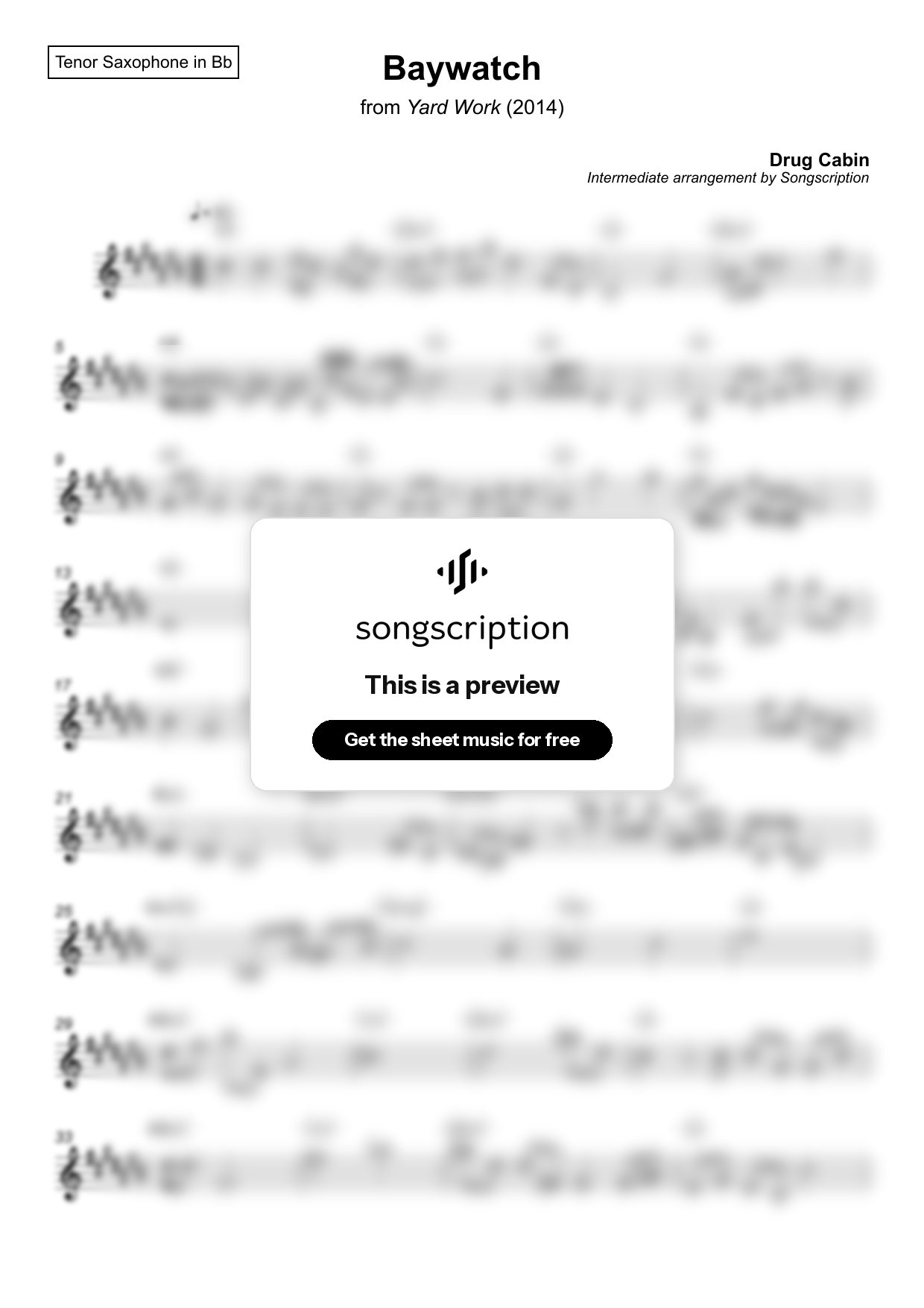 Intermediate Tenor Sax Sheet Music for "Baywatch" by Drug Cabin