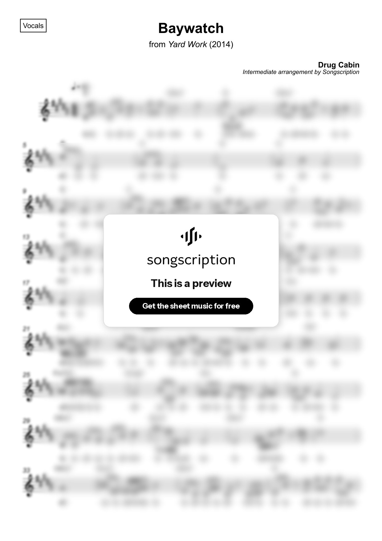 Intermediate Vocals Sheet Music for "Baywatch" by Drug Cabin