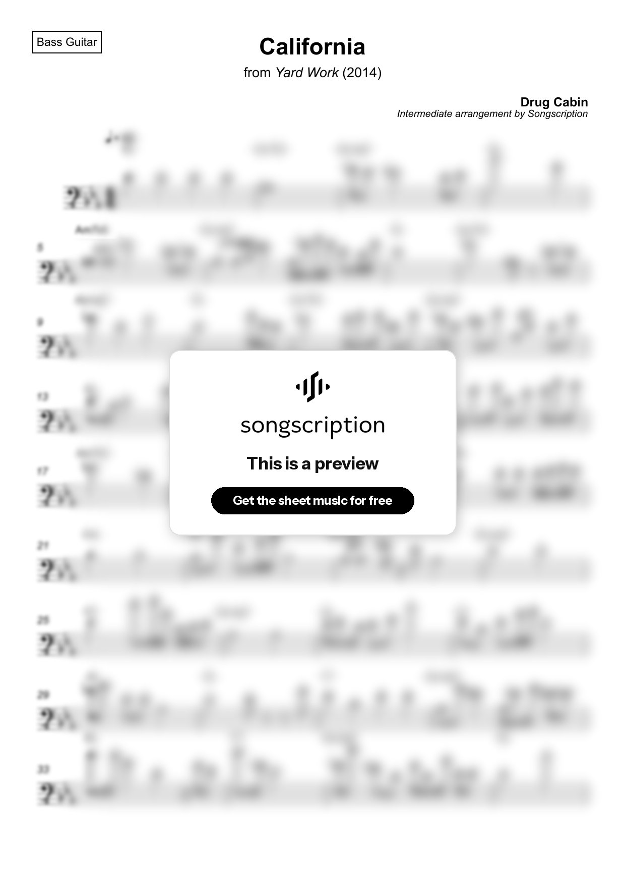 Intermediate Bass Guitar Sheet Music for "California" by Drug Cabin