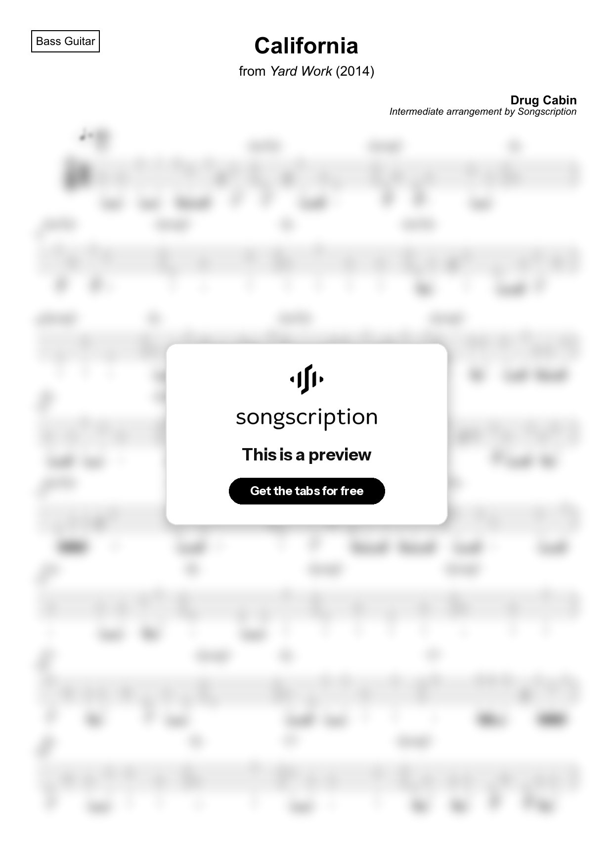 Intermediate Bass Guitar Tabs for "California" by Drug Cabin