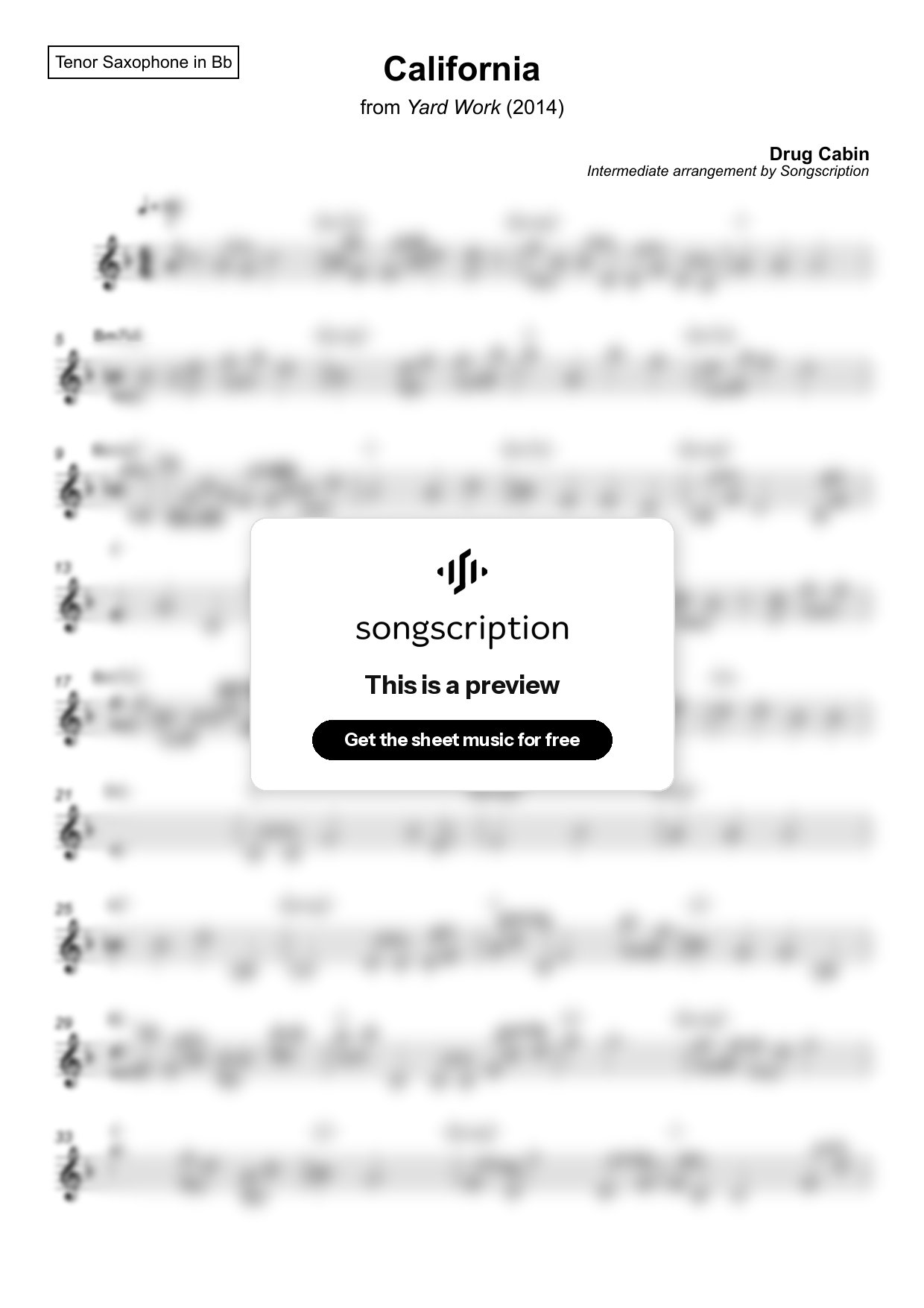Intermediate Tenor Sax Sheet Music for "California" by Drug Cabin