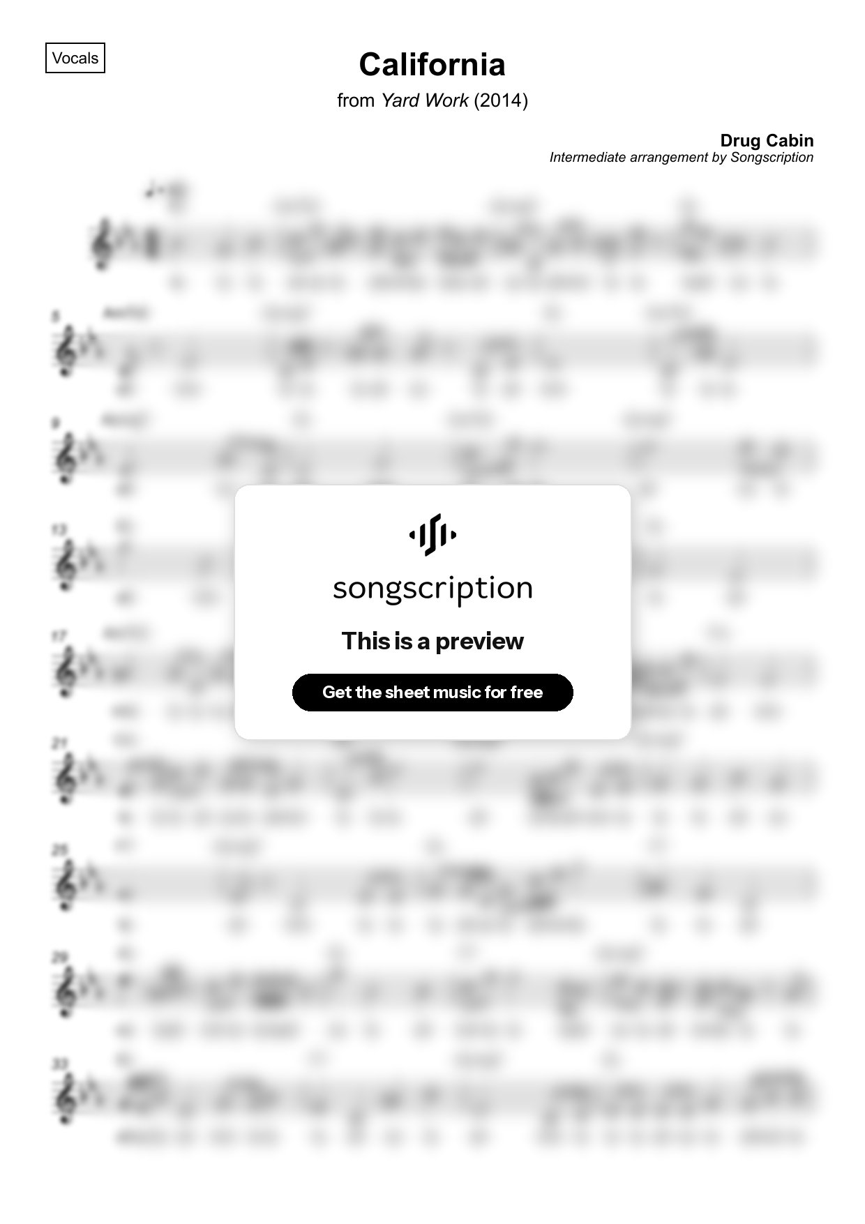 Intermediate Vocals Sheet Music for "California" by Drug Cabin