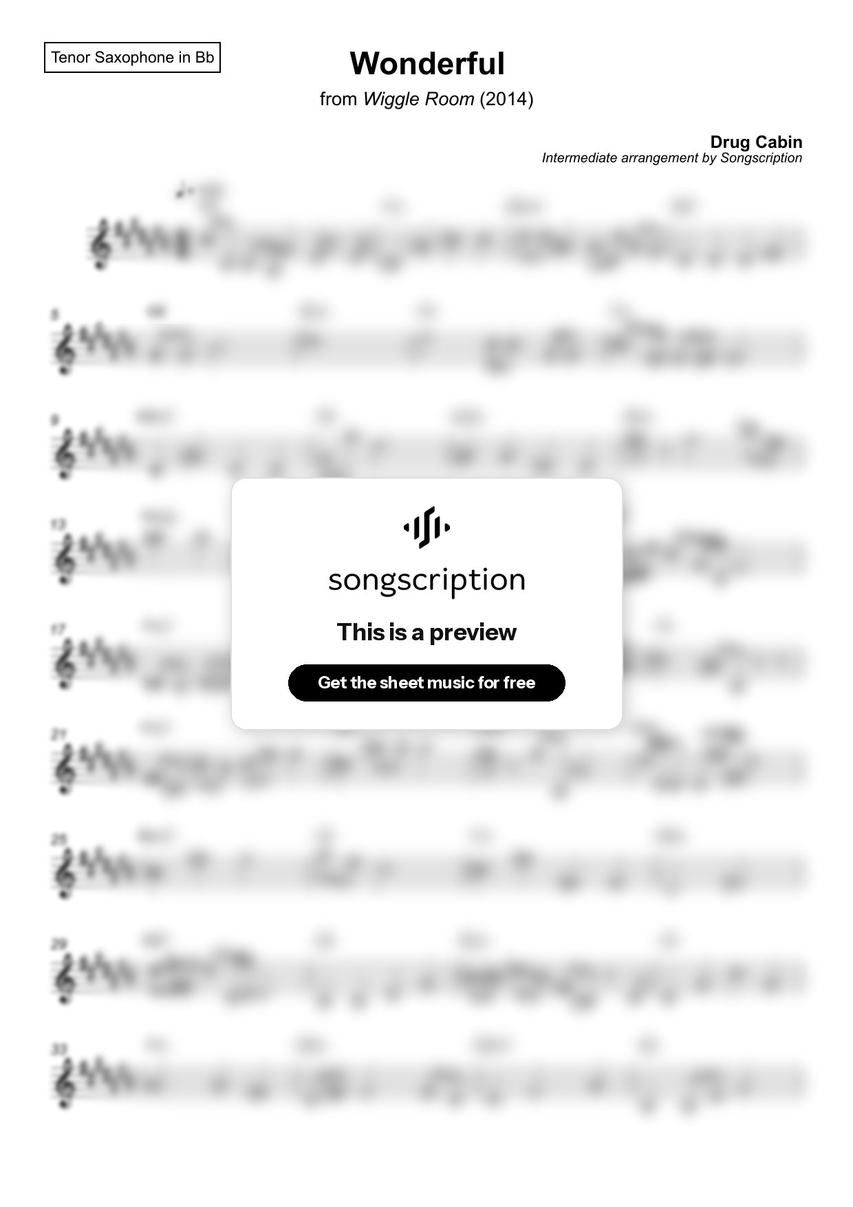 Intermediate Tenor Sax Sheet Music for "Wonderful" by Drug Cabin