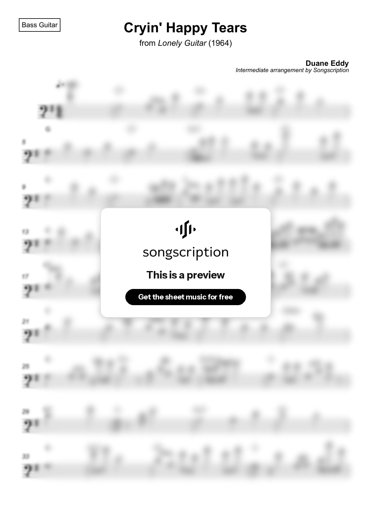 Intermediate Bass Guitar Sheet Music for "Cryin' Happy Tears" by Duane Eddy