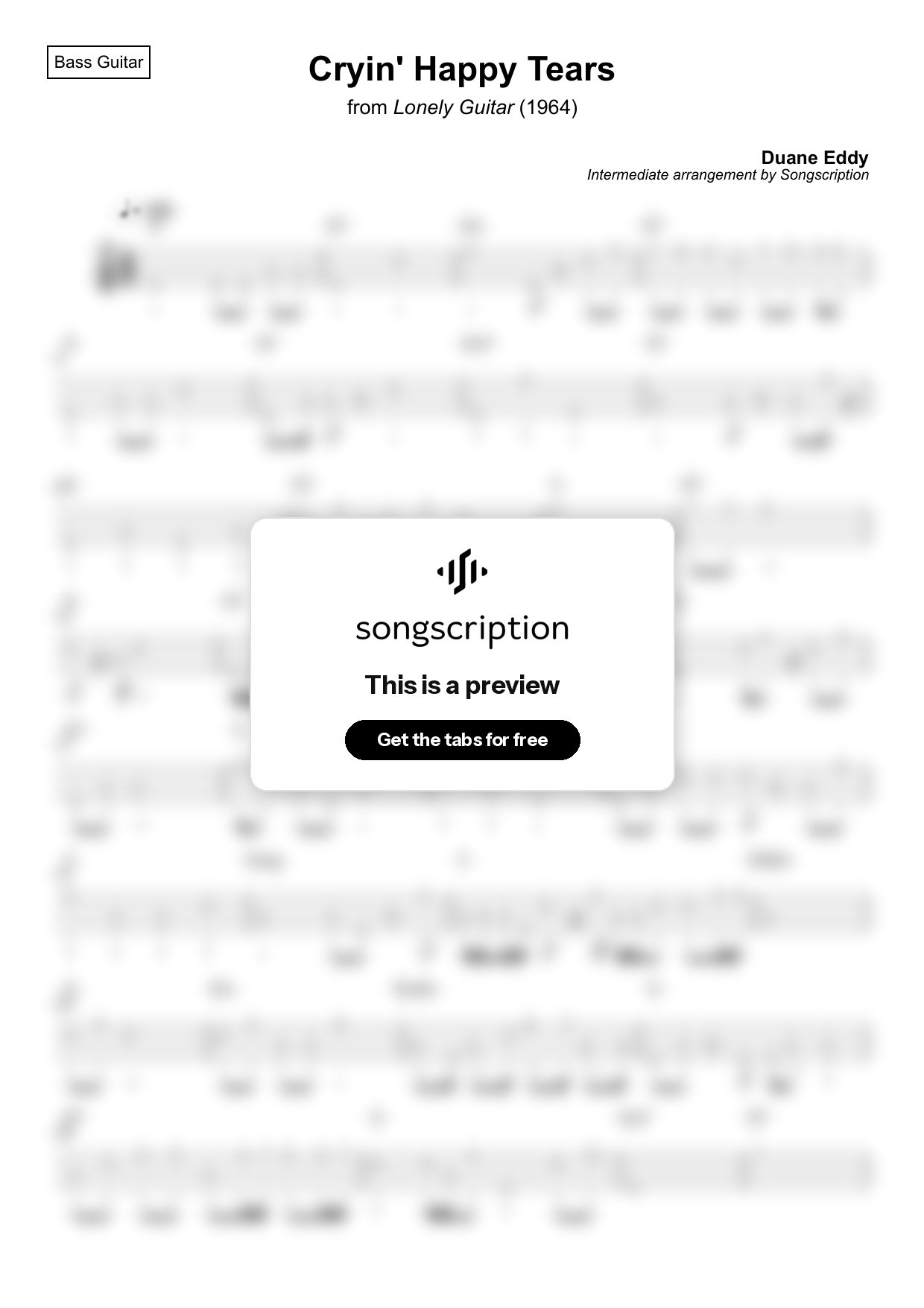 Intermediate Bass Guitar Tabs for "Cryin' Happy Tears" by Duane Eddy