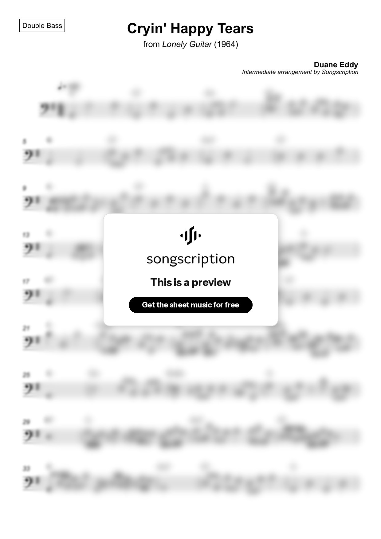 Intermediate Double Bass Sheet Music for "Cryin' Happy Tears" by Duane Eddy