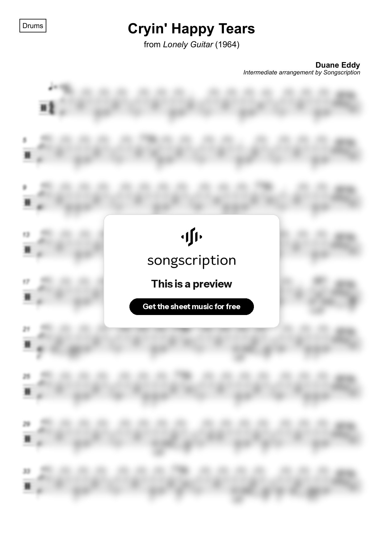 Intermediate Drums Sheet Music for "Cryin' Happy Tears" by Duane Eddy
